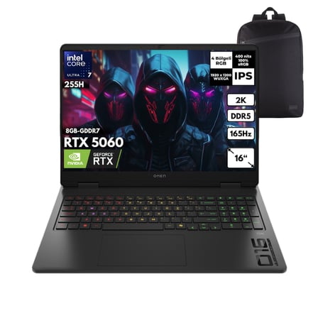 HP Omen Slim 16-AN0036NT Ultra 7-255H 24-GBDDR5 2 TBSSD RTX5060 (8GB-GDDR7) 16" WUXGA 165Hz Windows 11 Pro + HMF Sırt Çantası CK9L3EAHMF13