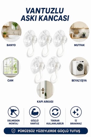 Şeffaf Vantuzlu Askı Kancası 5'li Delmeden Montaj Güçlü Tutuş Banyo Mutfak Duvar Askılığı