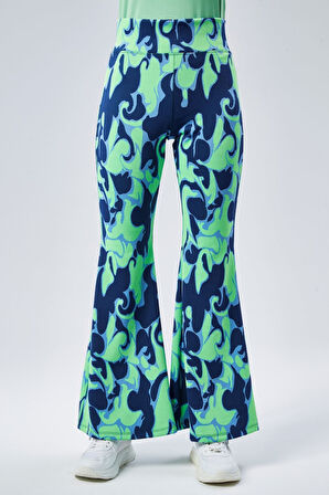 Kadın Yeşil Desenli Yüksek Bel Esnek İspanyol Paça Tayt Pantolan