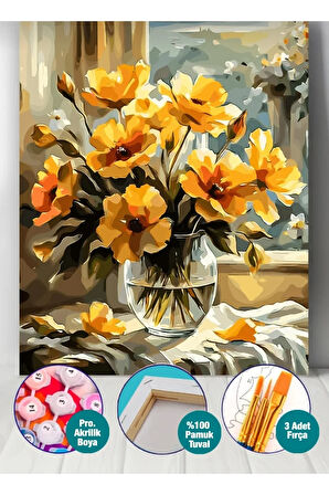 Sayılarla Boyama Seti 40x50 Cm (Çıtalı) Fırça Boya Dahil Numaralı Tuval Cam Vazo Sarı Çiçek