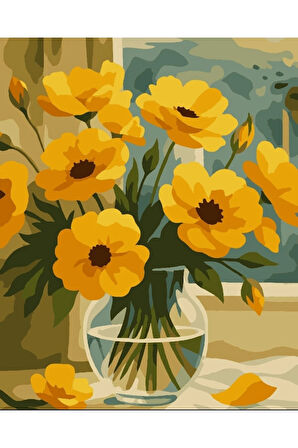Sayılarla Boyama Seti 40x50 Cm (Çıtalı) Fırça Boya Dahil Numaralı Tuval Cam Vazo Sarı Çiçek