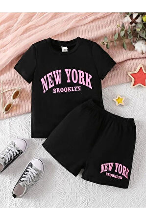 New York Baskılı Siyah Alt Üst Kız Çocuk Şort Takım