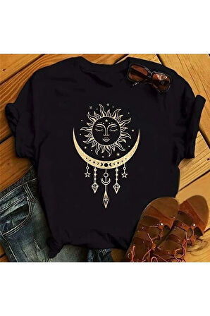 Ay Güneş Baskılı  Siyah Tshirt