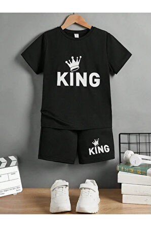 King baskılı çocuk alt ust şortlu takım