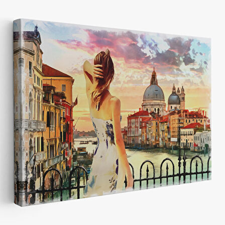 Venedik te Kanala Bakan Kız Yağlıboya Görünüm Dekoratif Kanvas Duvar Tablosu-3590