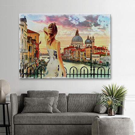 Venedik te Kanala Bakan Kız Yağlıboya Görünüm Dekoratif Kanvas Duvar Tablosu-3590