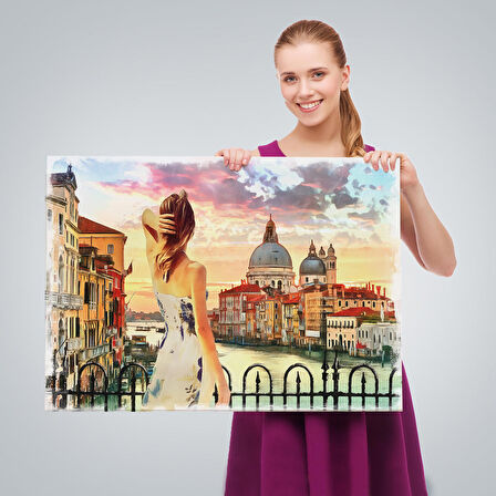 Venedik te Kanala Bakan Kız Yağlıboya Görünüm Dekoratif Kanvas Duvar Tablosu-3590