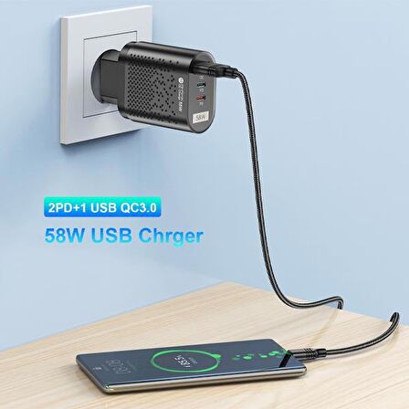 Coofbe Şarj Akım Korumalı 3 Başlıklı 58W USB Type-c Şarj Başlığı İphone 15 15 Pro Max Şarj Aleti