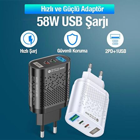 Coofbe Şarj Akım Korumalı 3 Başlıklı 58W USB Type-c Şarj Başlığı İphone 15 15 Pro Max Şarj Aleti