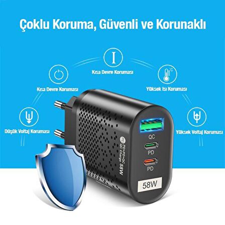 Coofbe Şarj Akım Korumalı 3 Başlıklı 58W USB Type-c Şarj Başlığı İphone 15 15 Pro Max Şarj Aleti