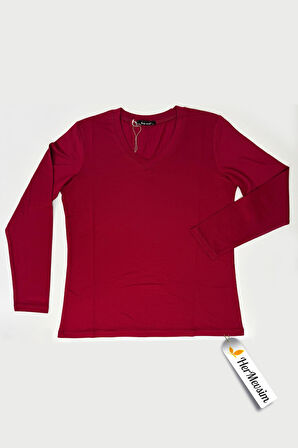 Hermevsim Kadın Bade V Yaka Dar Kalıp Koyu Kırmızı Penye Bluz