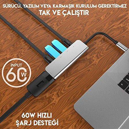 Coofbe PD Type C 5in1 60W Şarj, HDMİ ve USB Çoğaltıcı Adaptör, 2x PD Type C, 2x USB ve 1x 4K HDMi