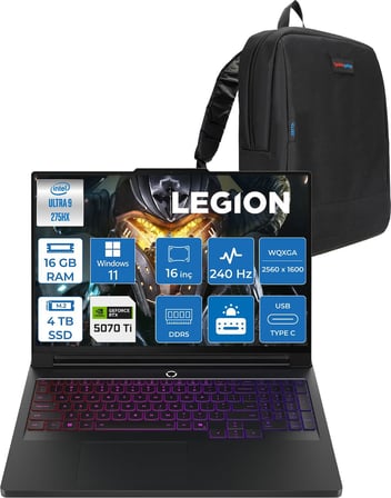Lenovo Legion Pro 7 Intel Core Ultra 9 275HX 16GB Ddr5 4tb SSD Windows 11 Pro 12GB RTX5070TI 140W 16" Wqxga (2560X1600) OLED 500NITS 240HZ Taşınabilir Bilgisayar 83F5004QTRP05 + Zetta Çanta