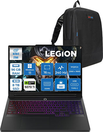 Lenovo Legion Pro 7 Intel Core Ultra 9 275HX 96GB Ddr5 8tb SSD Windows 11 Pro 12GB RTX5070TI 140W 16" Wqxga (2560X1600) OLED 500NITS 240HZ Taşınabilir Bilgisayar 83F5004QTRP56 + Zetta Çanta