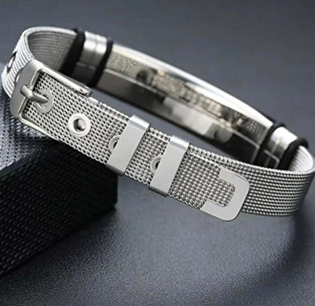 Tamamı Saf Çelik Silver Kemer Kordonlu Sade Şık Çelik Bileklik 23 cm
