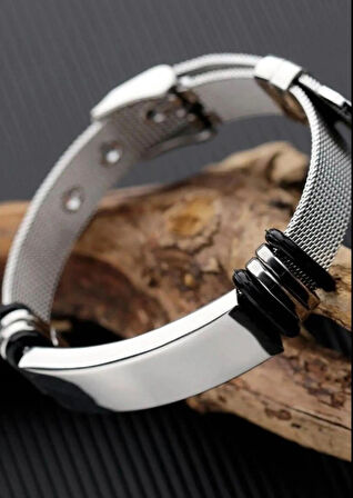 Tamamı Saf Çelik Silver Kemer Kordonlu Sade Şık Çelik Bileklik 23 cm