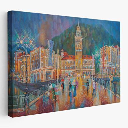 Yağmurlu Bir Akşam Yağlıboya Görünüm Dekoratif Kanvas Duvar Tablosu-3597