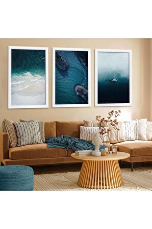 Gümüş Aynalı Pleksi Çerçeveli Mavi Dalga Üçlü Mdf Tablo Seti