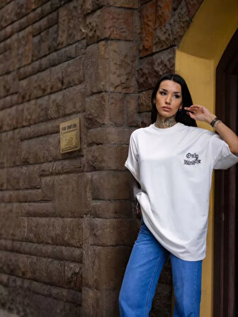 Unisex Bisiklet Yaka Baskılı Oversize T-Shirt - Beyaz