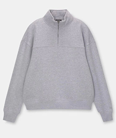 Oversize Yarım Farmuarlı Yakalı Basic SweatShirt - Gri