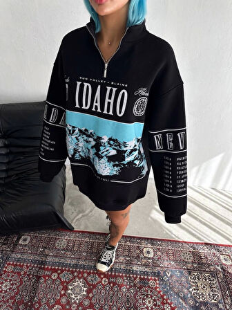 Yarım Fermuarlı Oversize Baskılı SweatShirt - Siyah