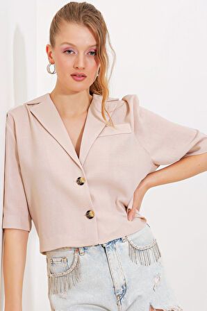 Krem Çift Düğmeli Oversize Crop Keten Ceket 0706