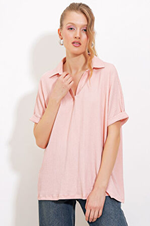 Pudra Oversize Polo Yaka Örme Bluz 0486