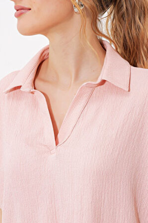 Pudra Oversize Polo Yaka Örme Bluz 0486