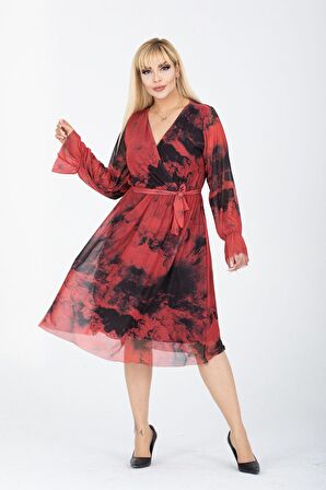 Kruvaze Yaka Büyük Beden Uzun Kol Elbise 35B-2411