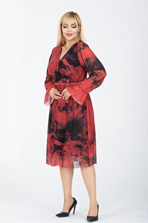 Kruvaze Yaka Büyük Beden Uzun Kol Elbise 35B-2411