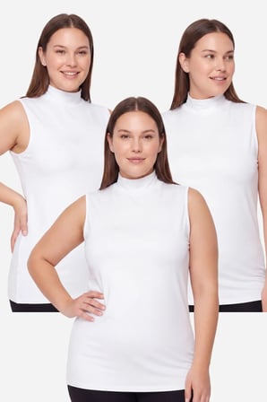Premium Tekstil Ürün Kadın Büyük Beden Balıkçı Yaka Kolsuz Body Beyaz 3'lü Paket 6XL BEYAZ-3