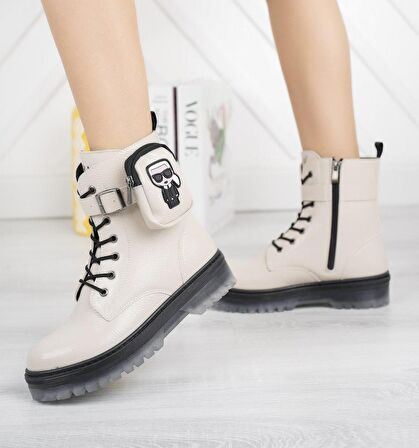 Krem Kırışık Rugan Fermuarlı Cep Detaylı Kız Çocuk Botu