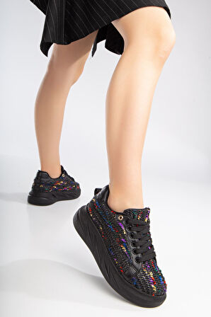 Mavis Siyah - Renkli Kalın Tabanlı Hasır Detaylı Sneakers