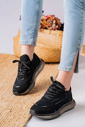 Orcena Siyah Süet File Detaylı Kalın Tabanlı Sneakers
