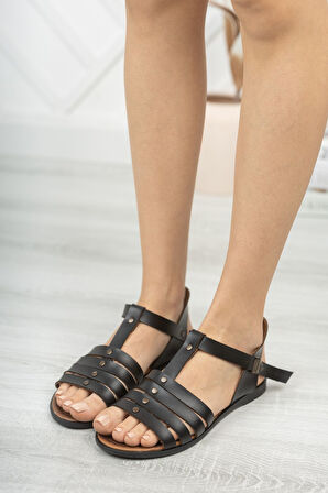 İrina Hakiki Deri Siyah Günlük Kadın Sandalet