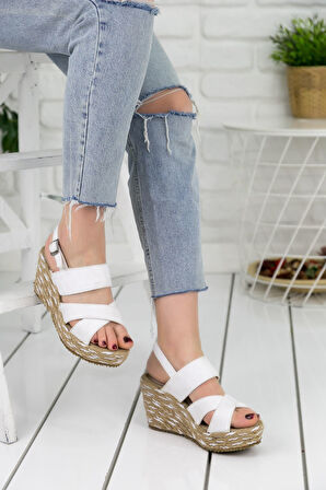 Roşna Beyaz Süet Platform Bayan Sandalet