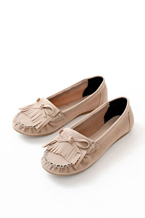  Bej Süet Püsküllü Günlük Kadın Babet