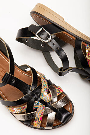  Siyah Garni Ortopedik Hakiki Deri Kadın Sandalet