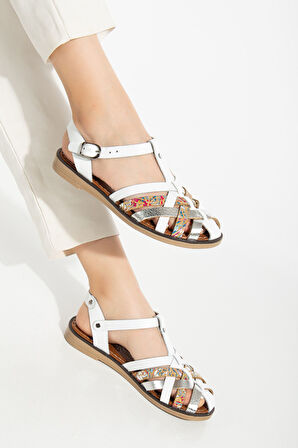  Beyaz Garni Ortopedik Hakiki Deri Kadın Sandalet