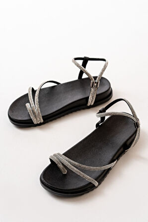  Siyah Taşlı Kadın Sandalet