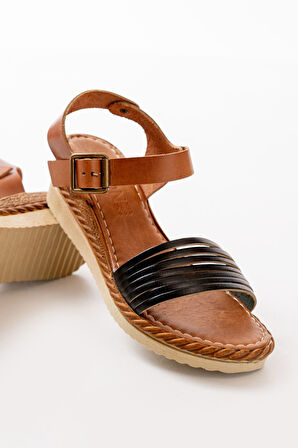  Siyah Ortopedik Hakiki Deri Dolgu Kadın Sandalet