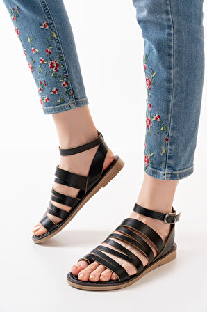  Siyah Ortopedik Hakiki Deri Kadın Sandalet