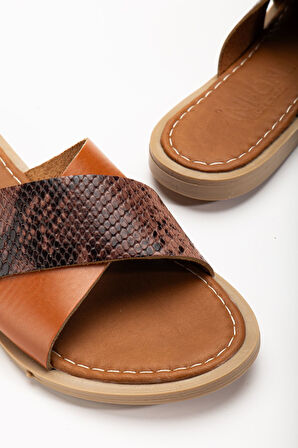  Taba Ortopedik Hakiki Deri Çapraz Bantlı Kadın Terlik