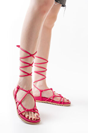  Fuşya Bilekten Bağcıklı Kadın Sandalet