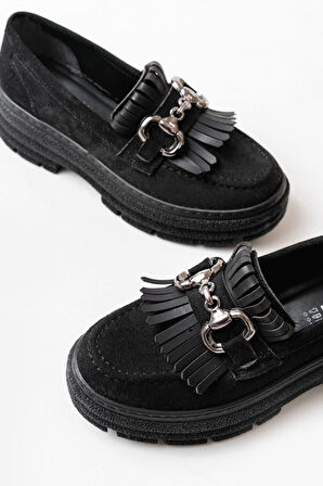  Siyah Süet Tokalı Günlük Yüksek Tabanlı Loafer Ayakkabı - kopya