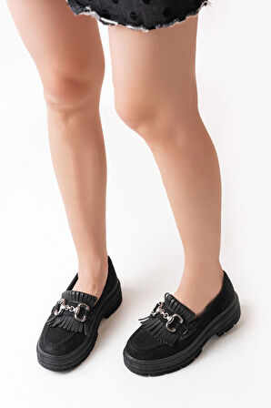  Siyah Süet Tokalı Günlük Yüksek Tabanlı Loafer Ayakkabı