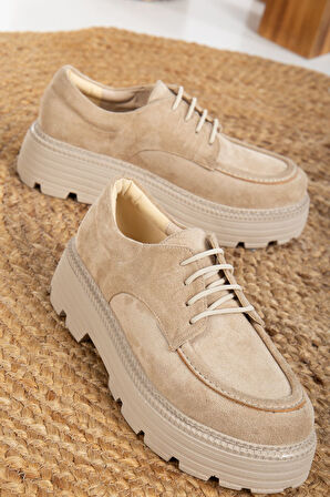  Bağcık Detaylı Bej Süet Kadın Şık Günlük Ayakkabı