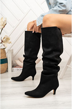 Siyah Süet Körüklü Topuklu Günlük Kadın Çizme