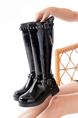  Siyah Rugan Düz Topuklu Günlük Kadın Binici Çizme