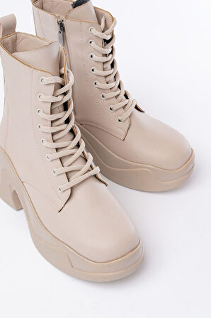  Bej Yüksek Tabanlı Bağcıklı Fermuarlı Günlük Kadın Bot